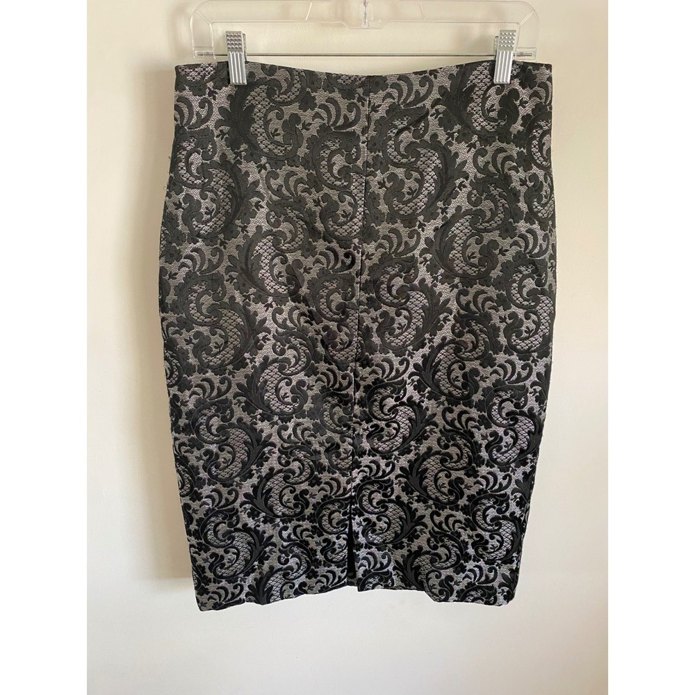 Worthington Black Silver Damask Brocade Pencil Skirt Metallic Knee Length 12